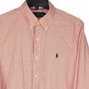 Ralph Lauren Shirt Mens M‎ Orange Blue White Plaid Button Down 100% Cotton